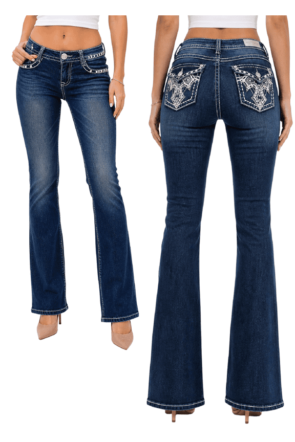 Premium Women's Boot cut Rhinestone Mid Rise Bootcut Stretchy Denim Jeans Pants