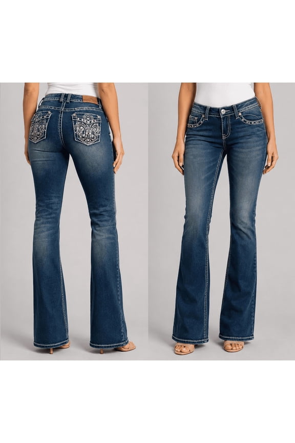 Rhinestone Studs Dark Wash Denim Bootcut Jeans (NV05008)
