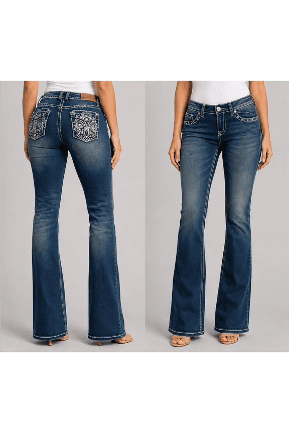 Rhinestone Studs Dark Wash Denim Bootcut Jeans (NV05008)