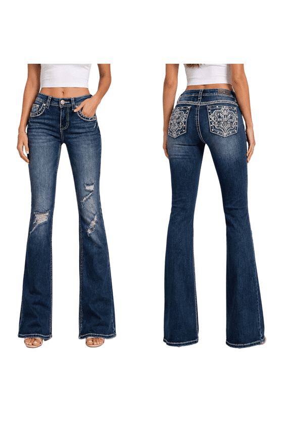 Rhinestone Studs Dark Wash Denim Bootcut Jeans (S1029)