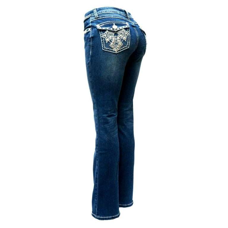Jack David Rhinestone Studs Dark Wash Denim Flap Pocket Bootcut Jeans 
