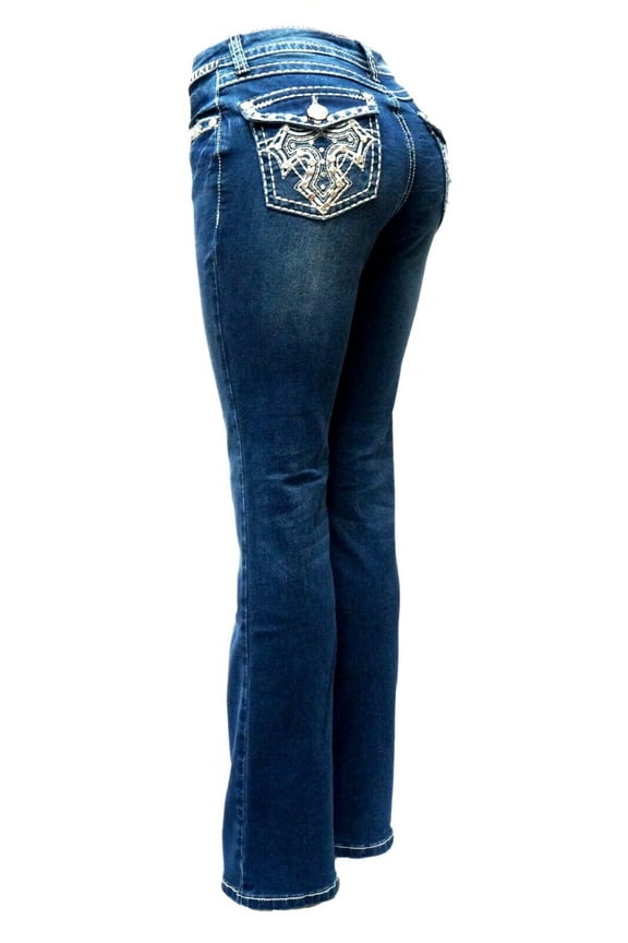 Rhinestone Studs Dark Wash Denim Flap Pocket Bootcut Jeans