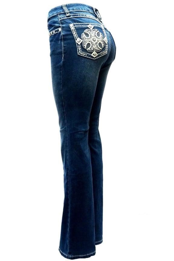 Rhinestone Studs Dark Wash Denim Flap Pocket Bootcut Jeans