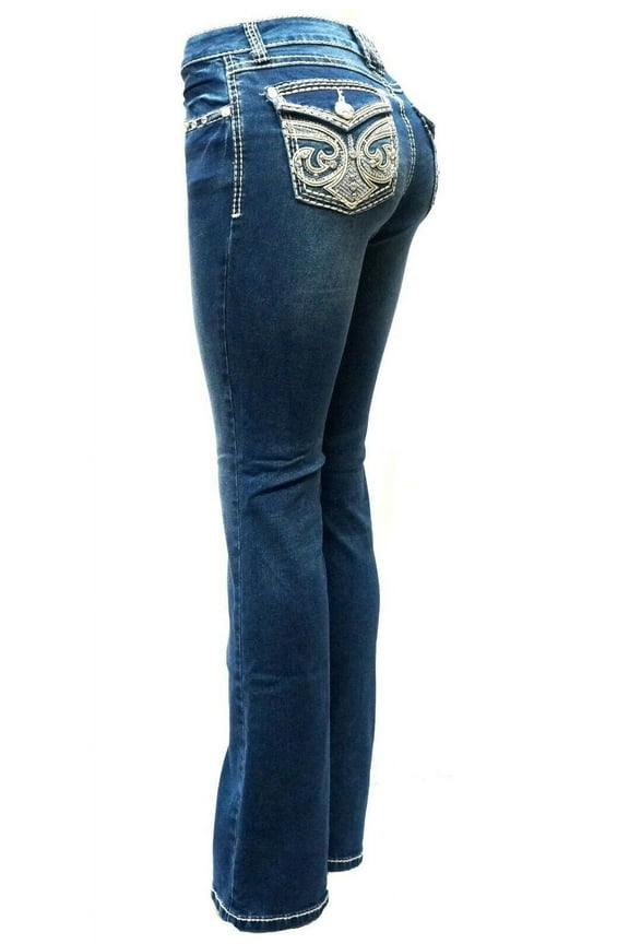 Rhinestone Studs Dark Wash Denim Flap Pocket Bootcut Jeans
