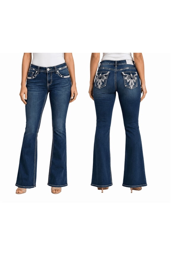 Rhinestone Studs Dark Wash Denim Flap Pocket Bootcut Jeans