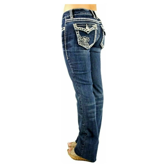 Jack David Rhinestone Studs Dark Wash Denim Flap Pocket Bootcut Jeans