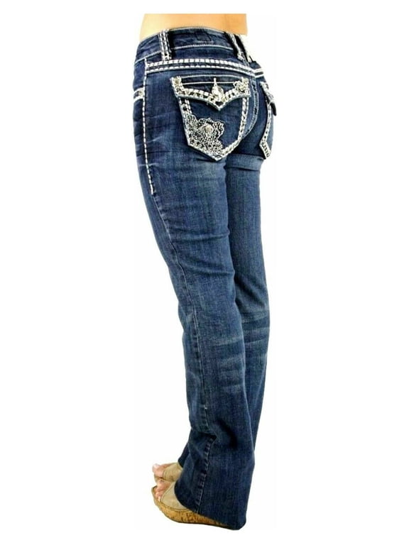 Rhinestone Studs Dark Wash Denim Flap Pocket Bootcut Jeans