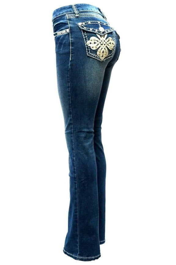 Rhinestone Studs Dark Wash Denim Flap Pocket Bootcut Jeans