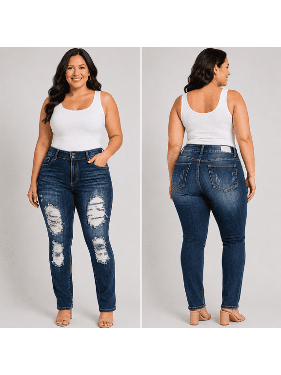 SLS WOMENS PLUS SIZE Stretch Distressed Ripped BLUE SKINNY DENIM JEANS PANTS