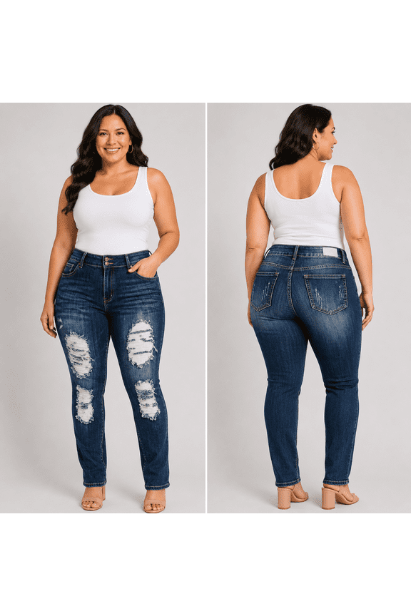 SLS WOMENS PLUS SIZE Stretch Distressed Ripped BLUE SKINNY DENIM JEANS PANTS