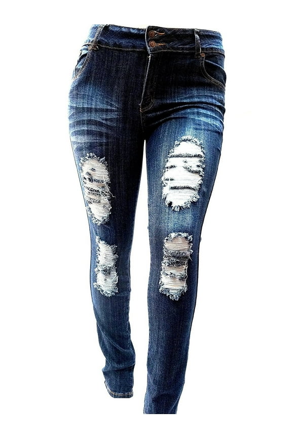 SLS WOMENS PLUS SIZE Stretch Distressed Ripped BLUE SKINNY DENIM JEANS PANTS