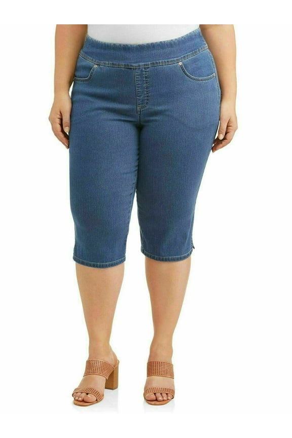/TS WOMENS PLUS SIZE Elastic Waist Pull On Stretch DENIM CAPRI JEANS - DARK BLUE