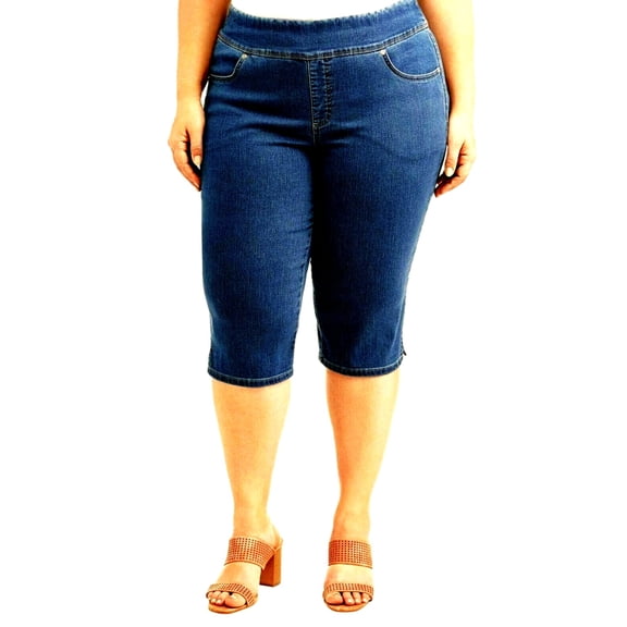 Jack David/TS WOMENS PLUS SIZE Elastic Waist Pull On Stretch DENIM CAPRI JEANS - DARK BLUE