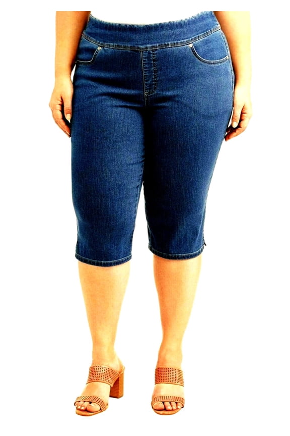 /TS WOMENS PLUS SIZE Elastic Waist Pull On Stretch DENIM CAPRI JEANS - DARK BLUE