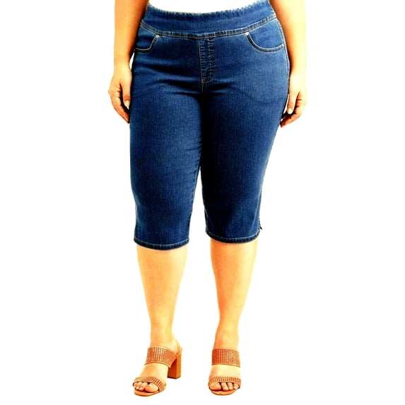 Jack David/TS WOMENS PLUS SIZE Elastic Waist Pull On Stretch DENIM CAPRI JEANS - DARK BLUE