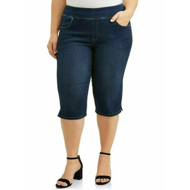 Jack David/TS WOMENS PLUS SIZE Elastic Waist Pull On Stretch DENIM CAPRI JEANS - DARK BLUE