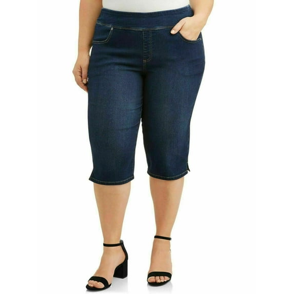 Jack David/TS WOMENS PLUS SIZE Elastic Waist Pull On Stretch DENIM CAPRI JEANS - DARK BLUE