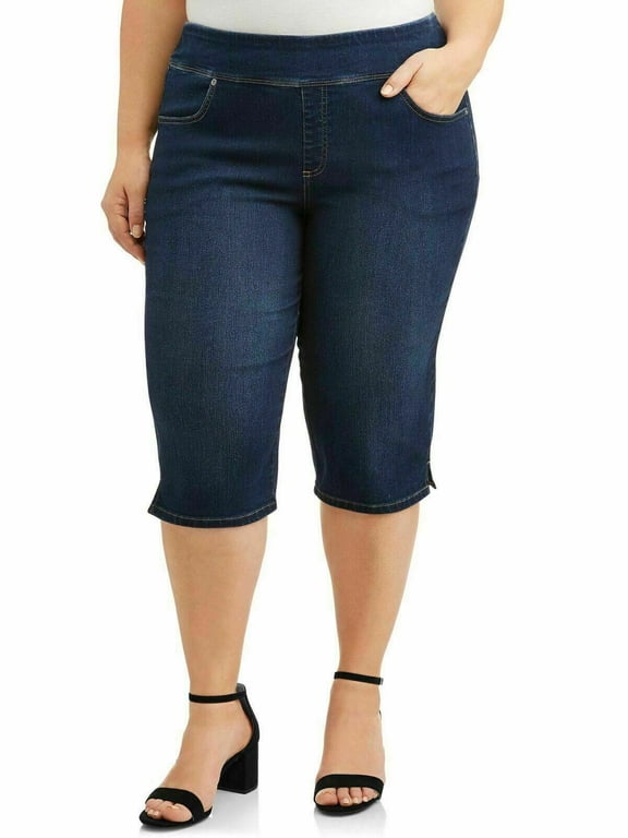 /TS WOMENS PLUS SIZE Elastic Waist Pull On Stretch DENIM CAPRI JEANS - DARK BLUE