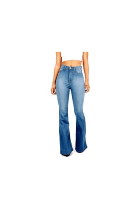 Women's Juniors 70s Trendy Flared Fitted Bell Bottom Denim Jeans