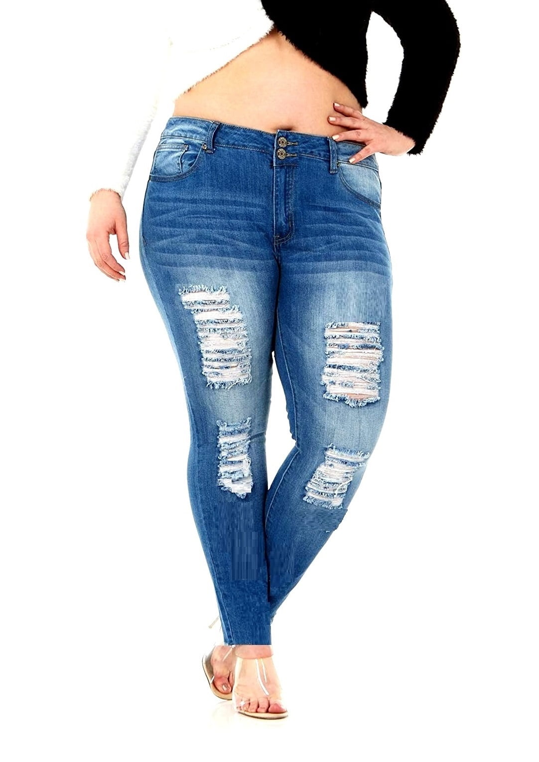 Jack David WOMEN'S HIGH WAIST PLUS SIZE Destroyed SKINNY jeans Stretch ...