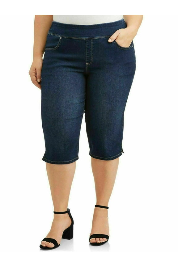 WOMENS PLUS SIZE Elastic Waist Pull On Stretch DENIM CAPRI JEANS