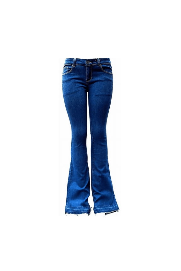 Women's Juniors 70s Trendy Flared Mid-Waist Fitted Bell Bottom Jeans