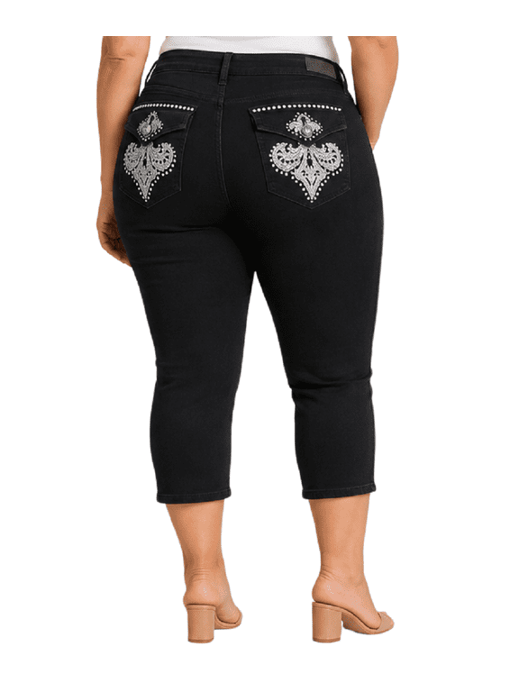 Women's Plus Size Black Denim Jeans Capri Pants Stretch (PC-935 Black)