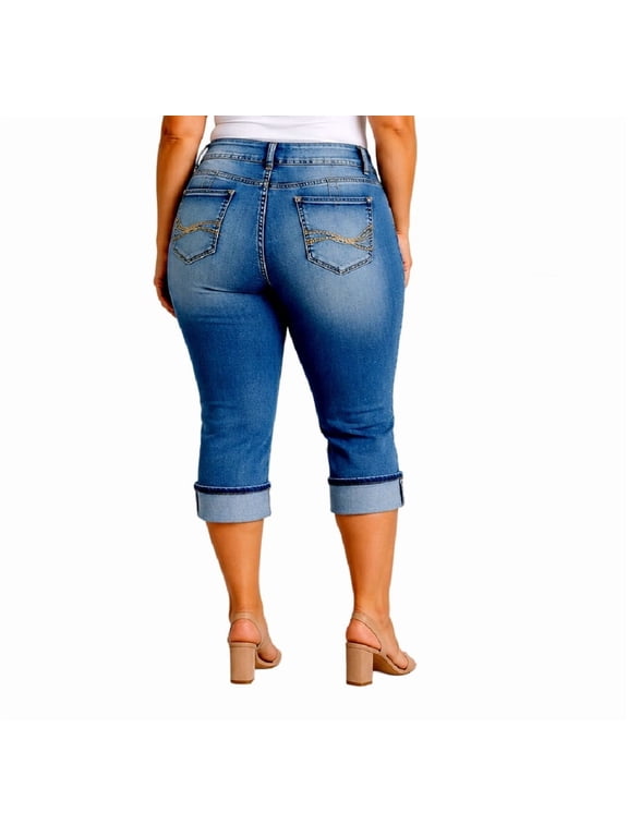 Women's Plus Size Blue Denim Jeans Capri Pants Stretch (JD-CB-39522)