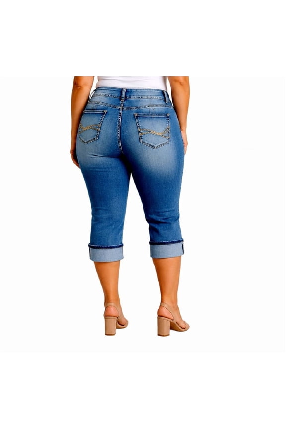 Women's Plus Size Blue Denim Jeans Capri Pants Stretch (JD-CB-39522)