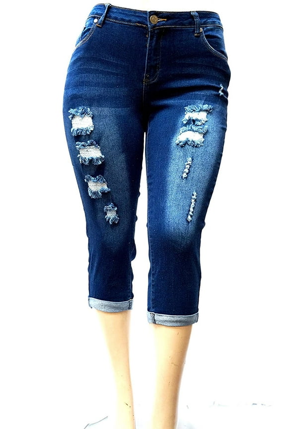 Women's Plus Size Cuff Rolled Capri Curvy Blue Denim Distressed Jeans