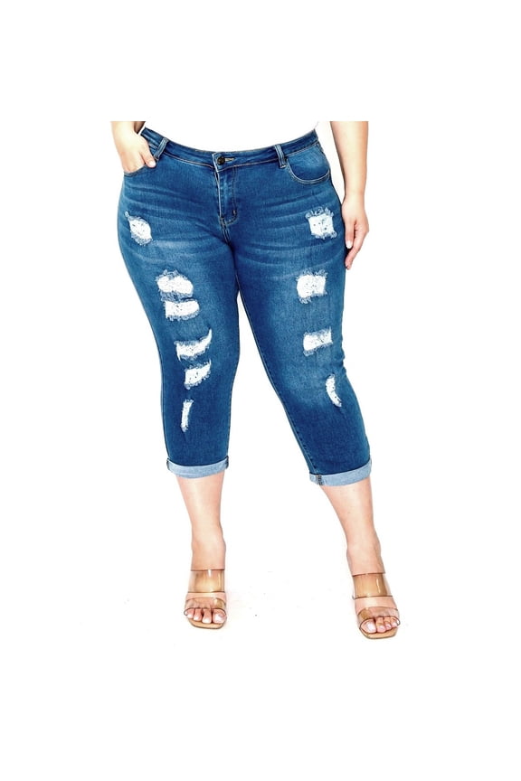 Women's Plus Size Cuff Rolled Capri Curvy Blue Denim Distressed Jeans