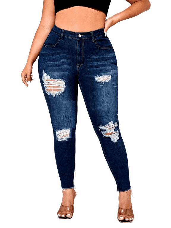 Women's Plus Size Ripped Destroy Blue Denim Roll up Distressed Jeans Pants,Female