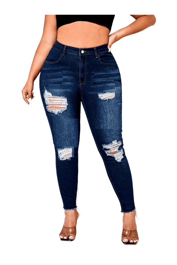 Women's Plus Size Ripped Destroy Blue Denim Roll up Distressed Jeans Pants,Female
