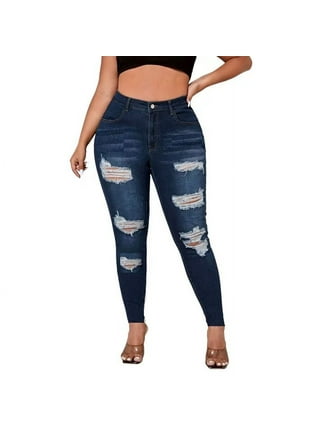Buy Plus Size Ripped Jeans for Women Midi Waist Skinny Tassel Long Baggy Denim  Pants, Dark Blue, XX-Large at