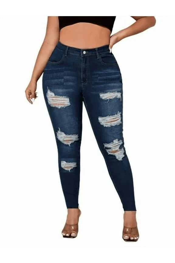 Women's Plus Size Stretch Distressed Ripped Blue Skinny Denim Jeans Pants