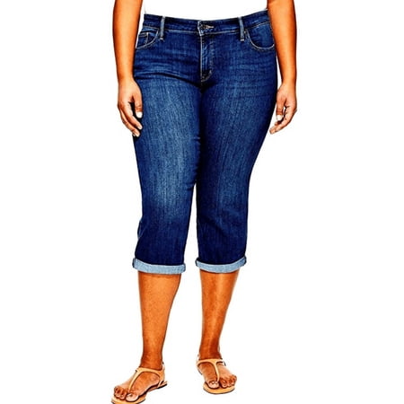 Jack David Women's Plus Size Stretch MID Rise Dark Blue Denim Capri