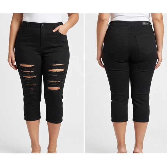 Jack David by Jack David Bermuda Distressed Ripped Skinny Cropped Mid-Rise Capri Jeans, Women's Plus