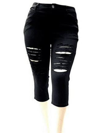 Women's Capri Jeans Lace Trim Hem Stretch Mid-Rise Skinny Cropped Denim  Pants Capris Super Comfy Butt Lift Leggings