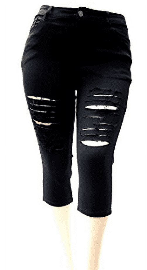 Jack David Women's Plus size Black capri bermuda distressed ripped denim jeans - image 1 of 4
