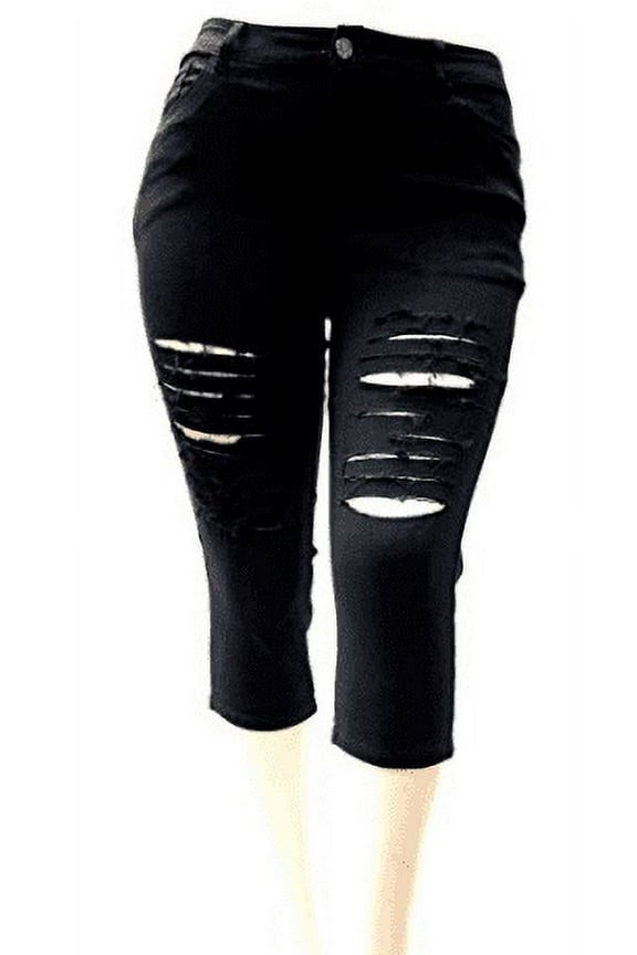Women's Plus size Black capri bermuda distressed ripped denim jeans