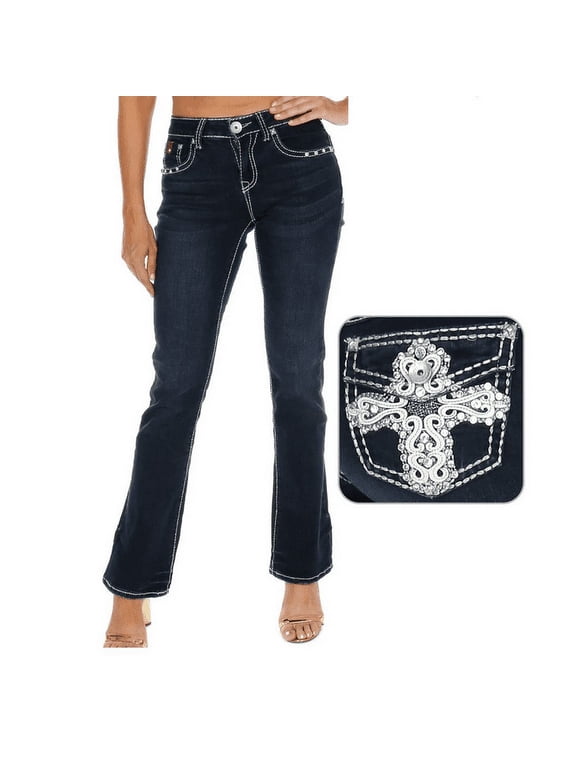 Women's Rhinestone Mid Rise Boot Cut Dark Wash Denim Jeans