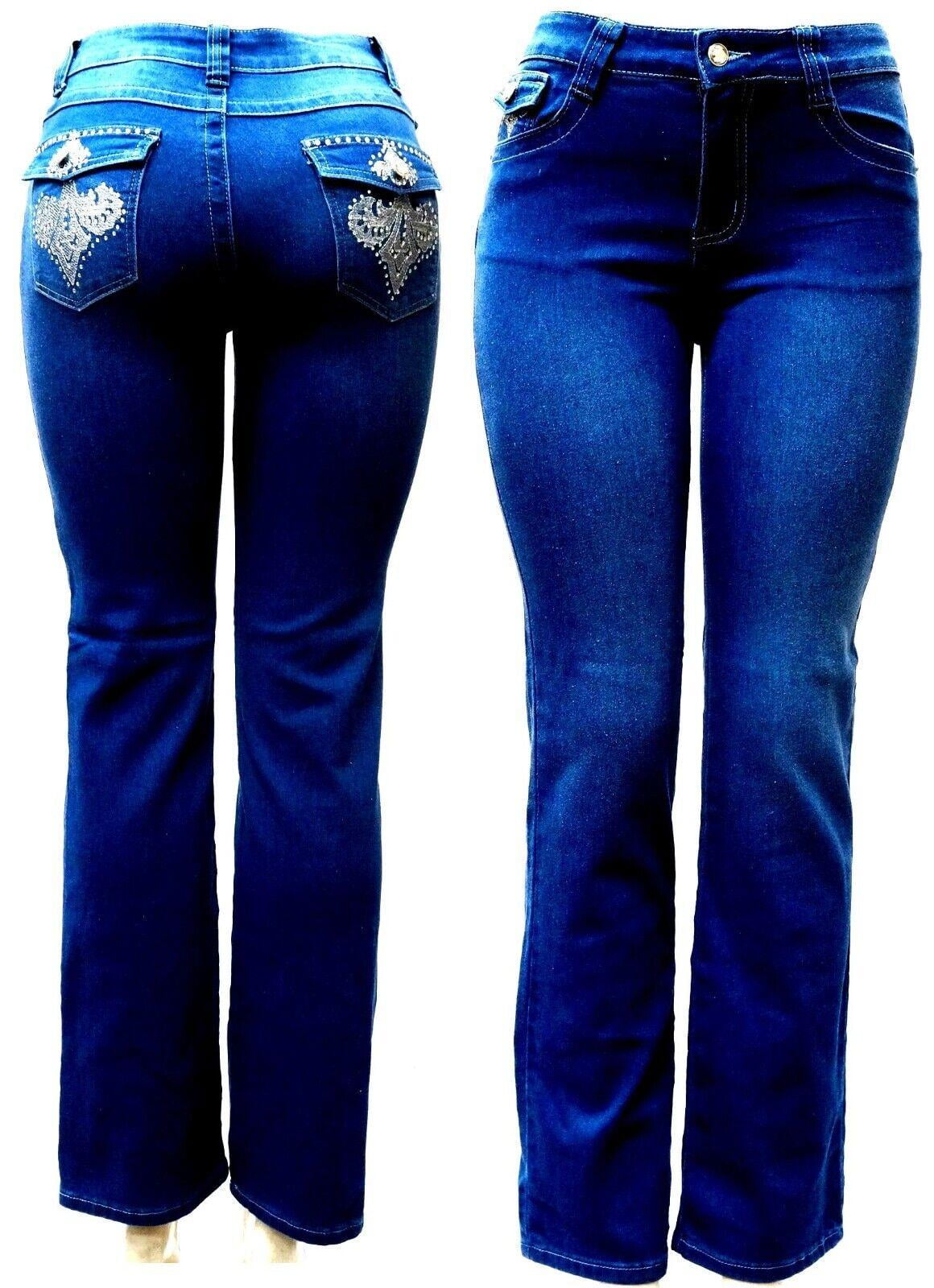 Jack David Women's Rhinestone Mid Rise Boot Cut Dark Wash Denim Jeans ...