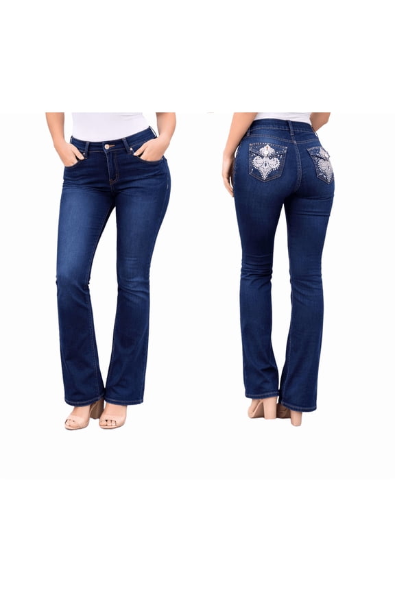 Premium Women's Boot cut Rhinestone Mid Rise Bootcut Stretchy .Blue. Denim Jeans Pants