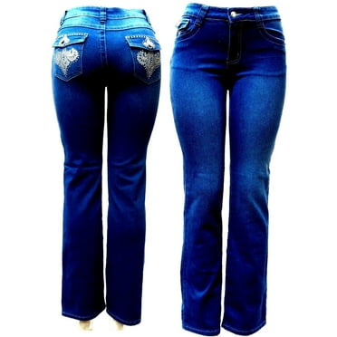 Jack David Premium Women's Boot cut Rhinestone Mid Rise Bootcut Stretchy .Blue. Denim Jeans Pants