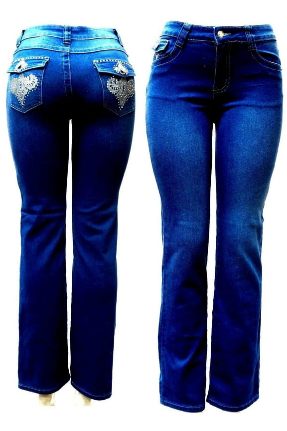 Premium Women's Boot cut Rhinestone Mid Rise Bootcut Stretchy .Blue. Denim Jeans Pants