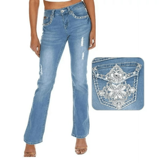 Jack David Premium Women's Boot cut Rhinestone Mid Rise Bootcut Stretchy .Blue. Denim Jeans Pants