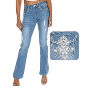Jack David Premium Women's Boot cut Rhinestone Mid Rise Bootcut Stretchy .Blue. Denim Jeans Pants