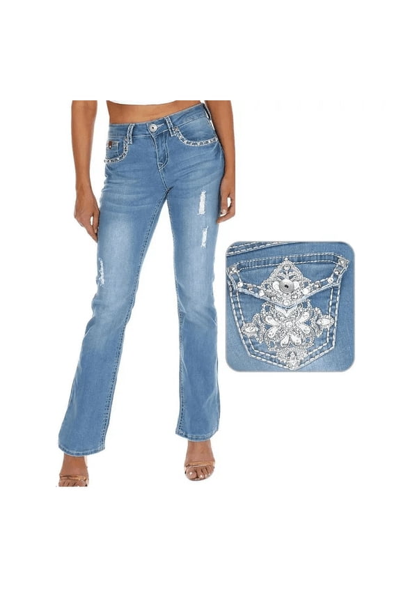 Premium Women's Boot cut Rhinestone Mid Rise Bootcut Stretchy .Blue. Denim Jeans Pants