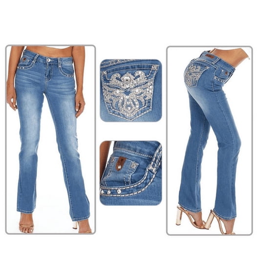 Jack David Premium Women's Boot cut Rhinestone Mid Rise Bootcut Stretchy .Blue. Denim Jeans Pants