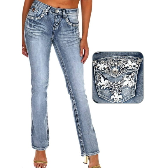 Jack David Women's Rhinestone Mid Rise Boot Cut Light Wash Denim Jeans